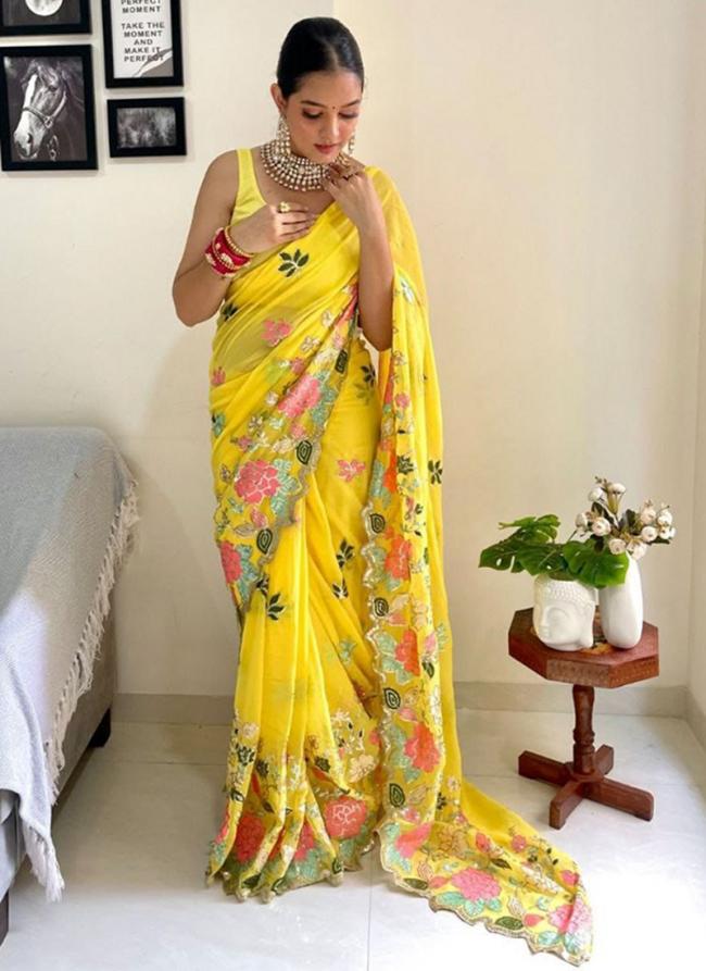 Georgette Yellow Party Wear Embroidery Work Saree